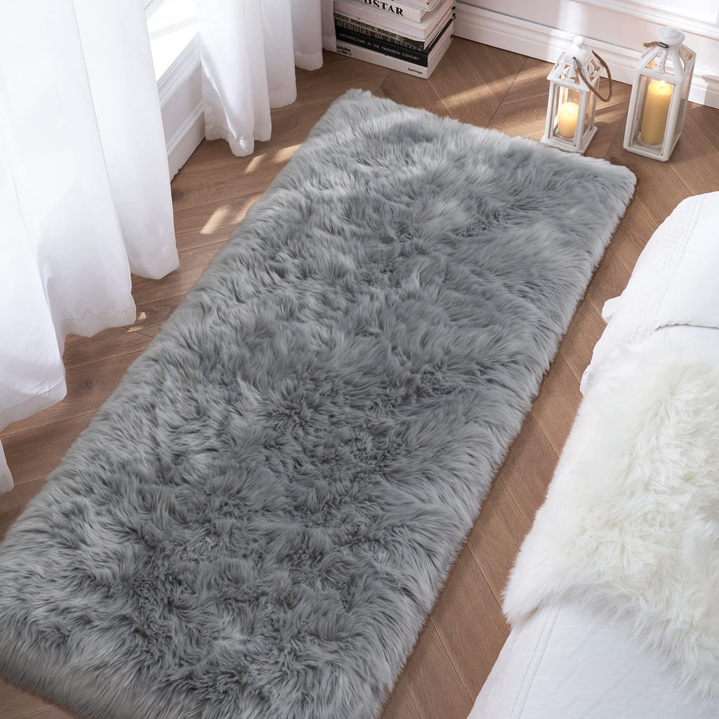 Tangsoo 2x6 Grey Fluffy Faux Fur Runner Rug,Soft Sofa Couch Cover Cushion