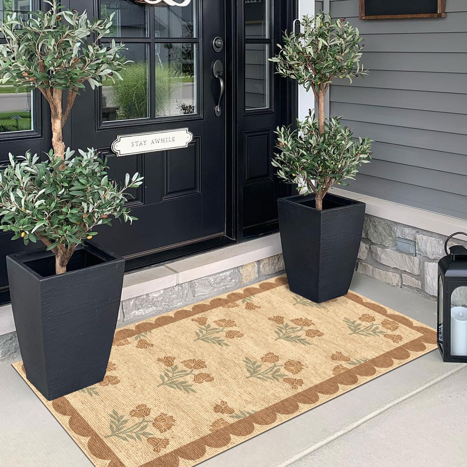 Othilic Front Door Mat Indoor Entrance - 2x4.3 Ft Tan Floral Washable Layered Doormat Outdoor Entrance Porch Rug Non-Slip Neutral Country Jute-Look Runner Rug for Kitchen Mud Laundry Room Porch Decor