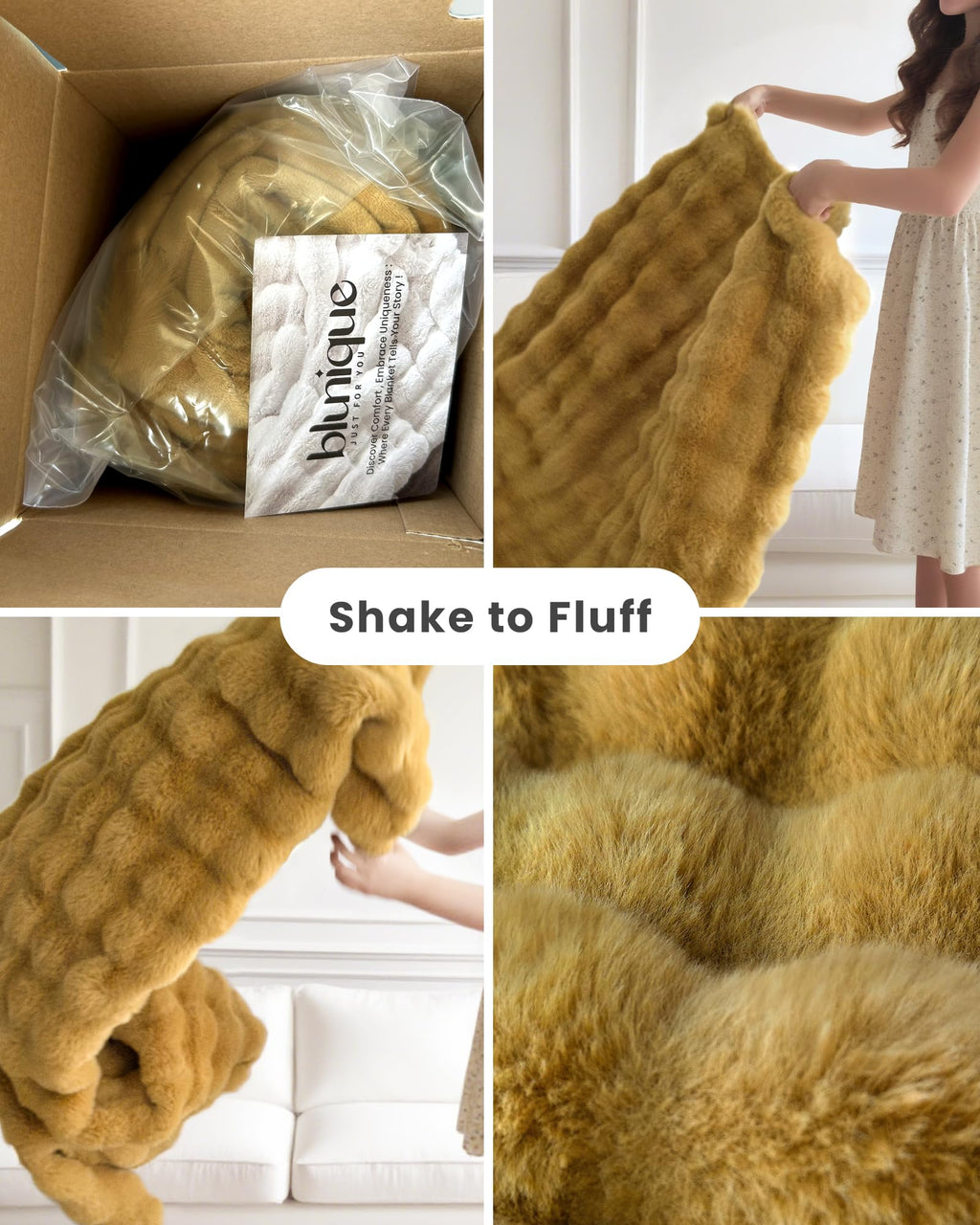 blunique Ultra Soft Cozy Faux Fur Throw Blanket, Fuzzy Plush Thick Bubble Blanket, Oversize Luxury Fluffy Blanket for Couch, Sofa, Bedroom, and Living Room,50x60 Inches, Dark Yellow