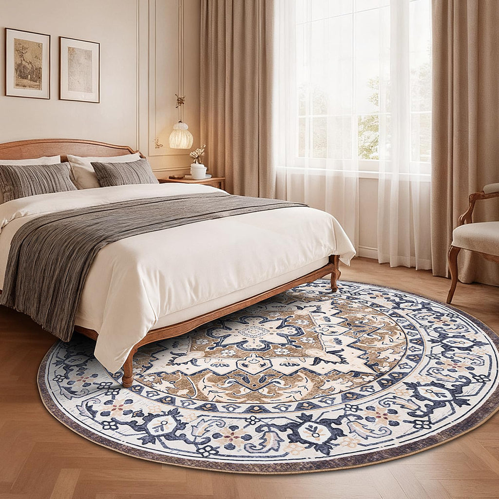 Lofus 6ft Round Area Rugs for Living Room, Vintage Boho Carpet Floral Brown