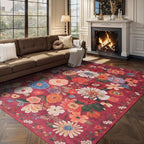 Area Rugs 9x12 Living Room Washable Rug Non Slip Floral Low Pile Large Rug for Living Room, Bedroom, Farmhouse, Dining Room, Kids Playroom(9 x 12, Red Garden)
