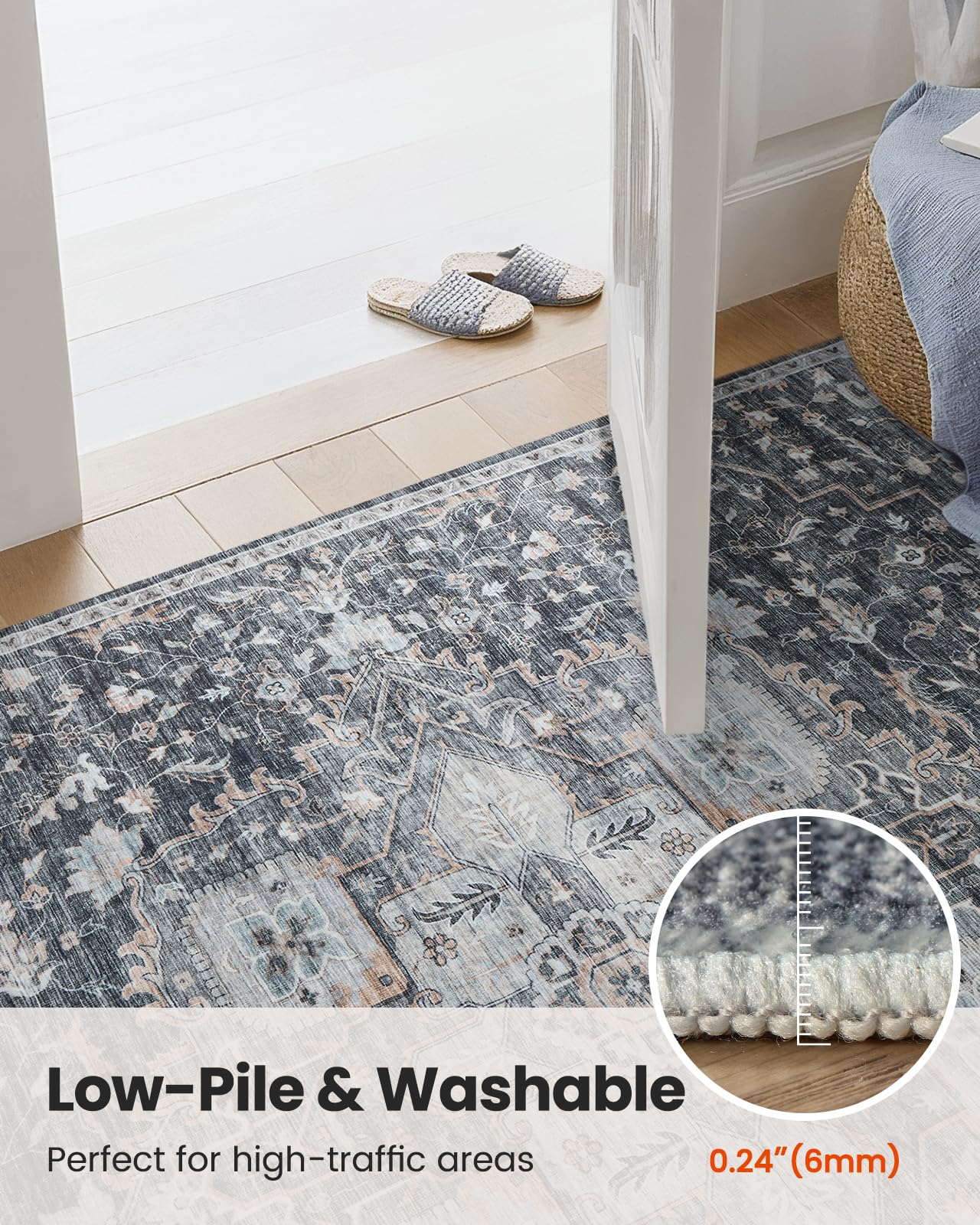 AMADA HOMEFURNISHING 9x12 Washable Area Rug, Low-Profile Large Area Rug with Non-Slip Backing & Durable Edge Binding, Vintage Large Rugs for Living Room, Bedroom & Dining Room