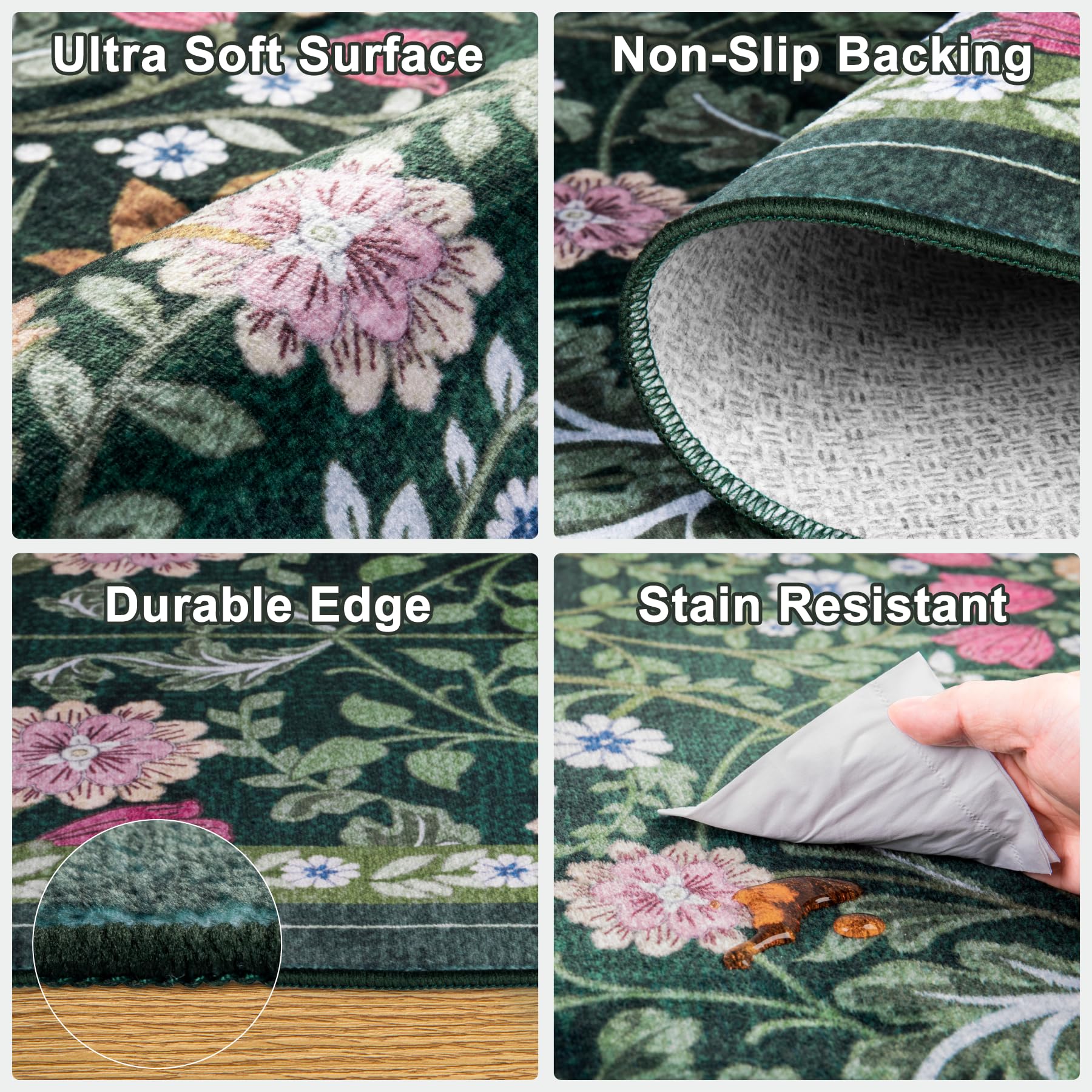 PLHXFR Area Rug Living Room: 4x6 Floral Washable Boho Carpet Dark Green