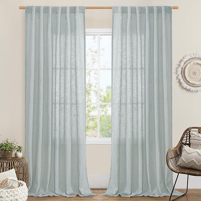 LAMIT Linen Curtains 108 Inches Long for Living Room, Semi Sheer Panels