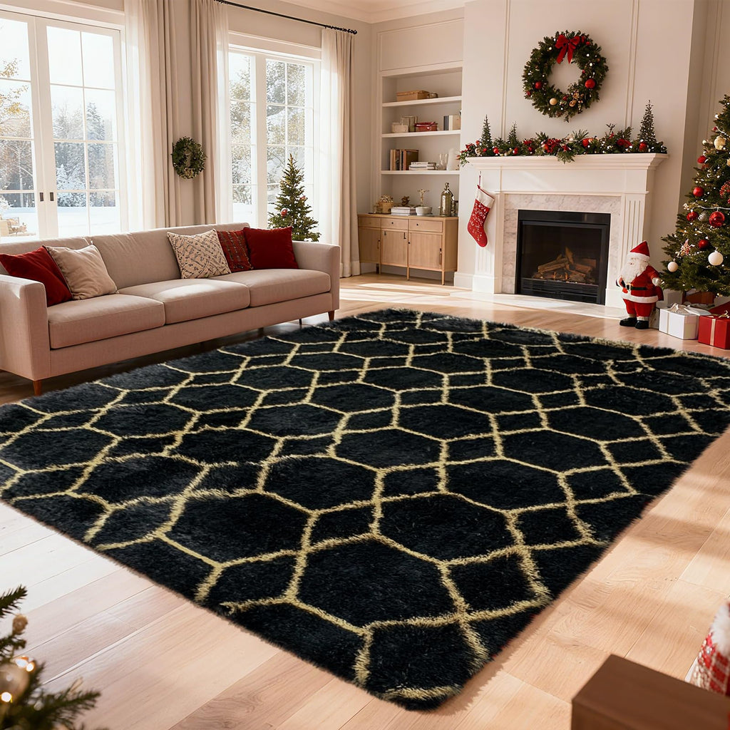 8x10 Fluffy Area Rugs for Living Room Bedroom,Black and Gold Shag Rug