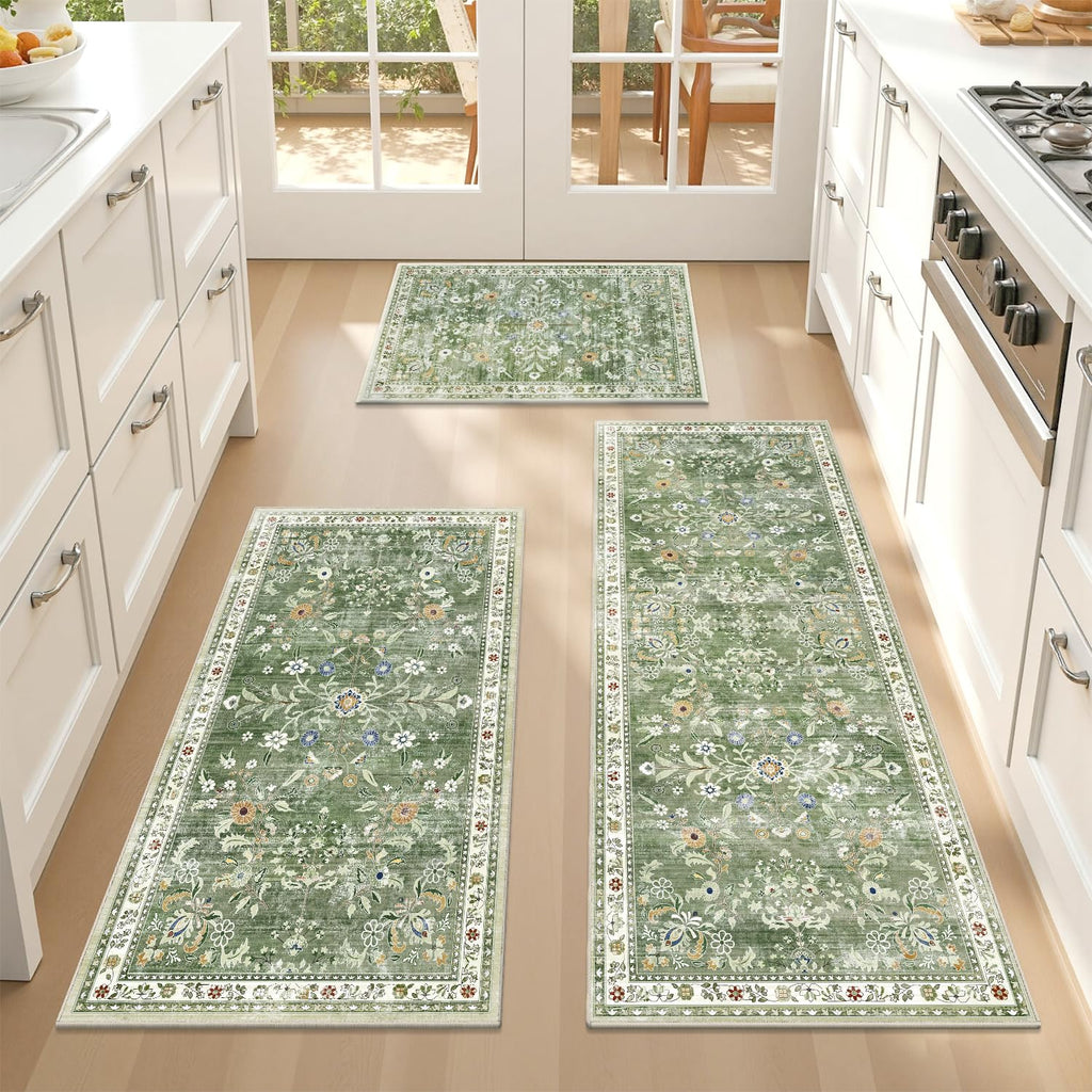 Yamaziot 2x3+2x4+2x5Ft Washable Kitchen Rug Set of 3 Non Slip, Sage Green