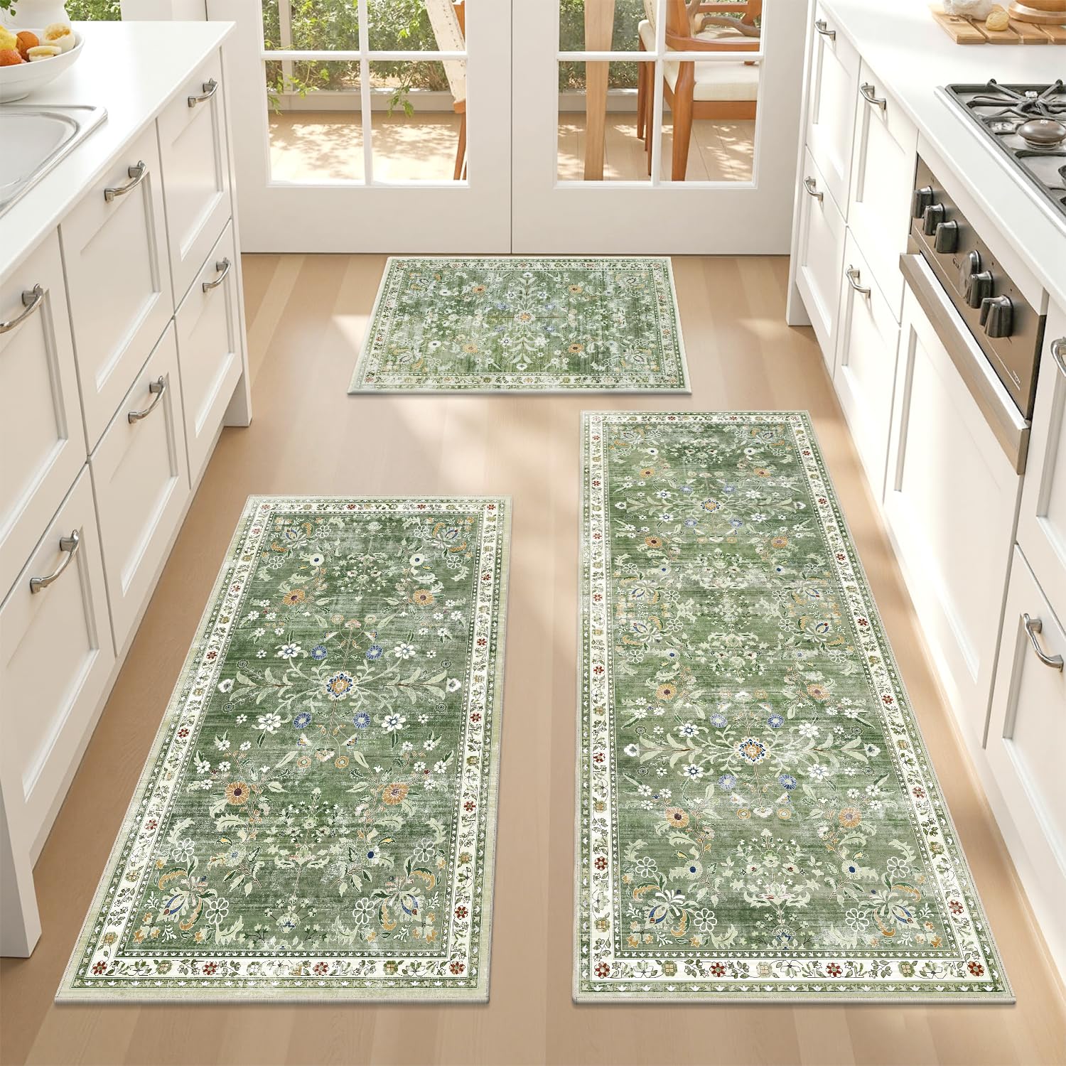 Yamaziot 2x3+2x4+2x5Ft Washable Kitchen Rug Set of 3 Non Slip, Sage Green