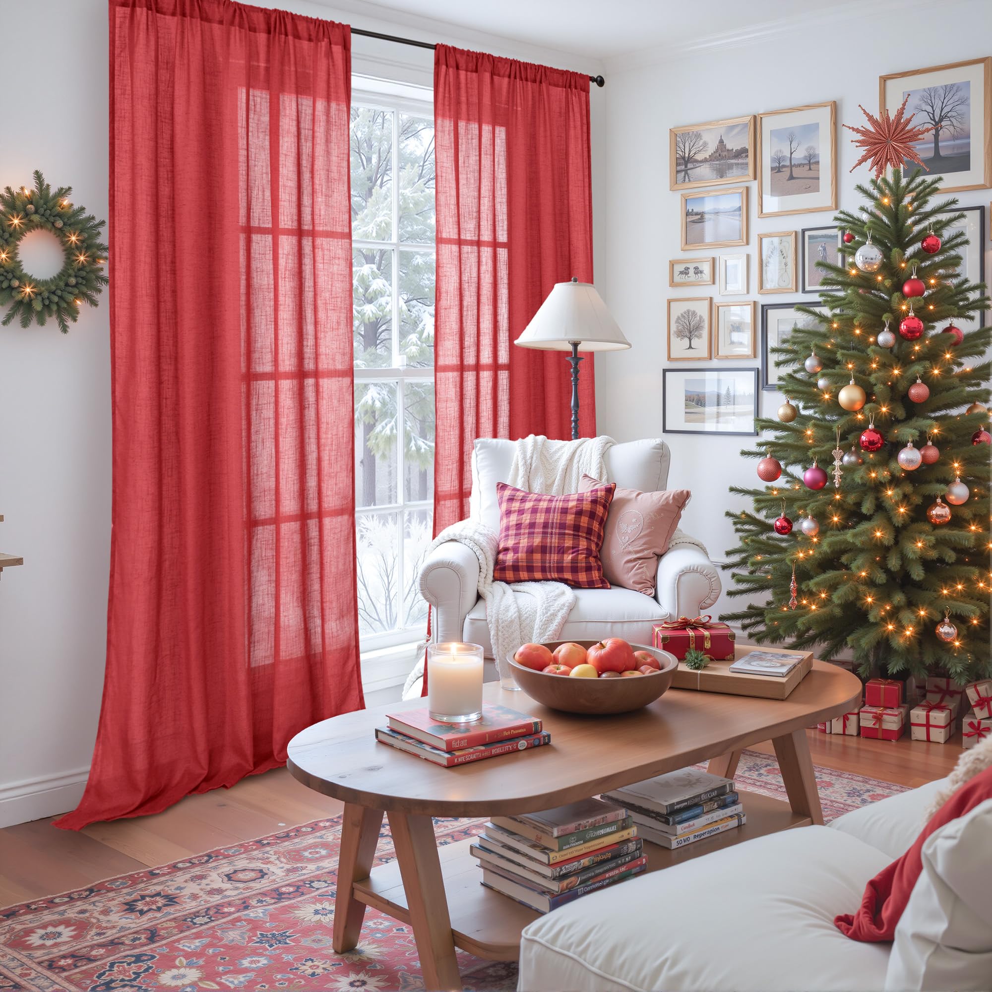 BGment 96 Inches Long Linen Curtains for Living Room, Semi Sheer Red Window Drapes Textured for Farmhouse Bedroom Dining with Rod Pocket Lightweight, 2 Panels Set, Each 52 Inch Wide