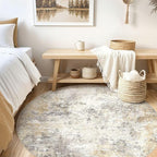 UERMEI 6ft Round Area Rug Living Room Rugs - 6x6 Washable Neutral Modern Abstract Soft Thin Rug Indoor Floor No Slip Rug Carpet for Bedroom Under Dining Table Home Office Decor - Golden Grey