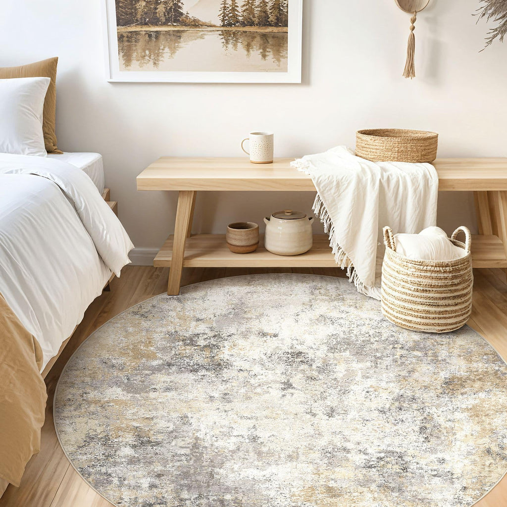UERMEI 8ft Round Area Rug Living Room Rugs - 8x8 Washable Neutral Modern Abstract Soft Thin Rug Indoor Floor No Slip Rug Carpet for Bedroom Under Dining Table Home Office Decor - Golden Grey