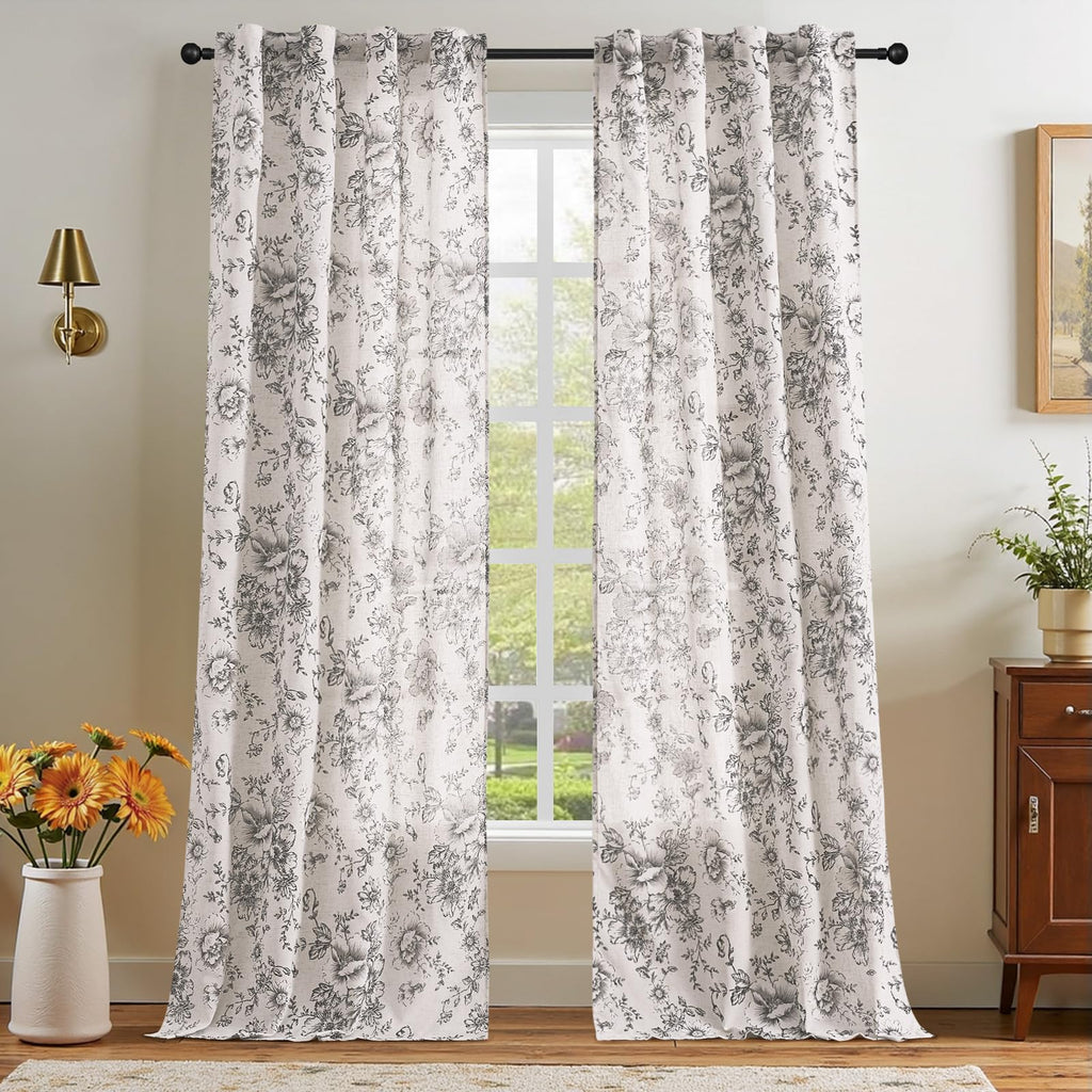 jinchan Vintage Floral Linen Curtains 96 Long for Living Room 2 Panels