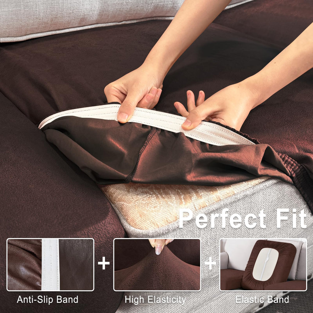 ANARACHON Leather Look Couch Cushion Covers Sofa Seat Slipcovers Sets Couches Furniture Protector for Sectional Armchair Loveseat Pets Kids Stretch Spandex Fabric (3 Cushion Sofa, Chocolate)