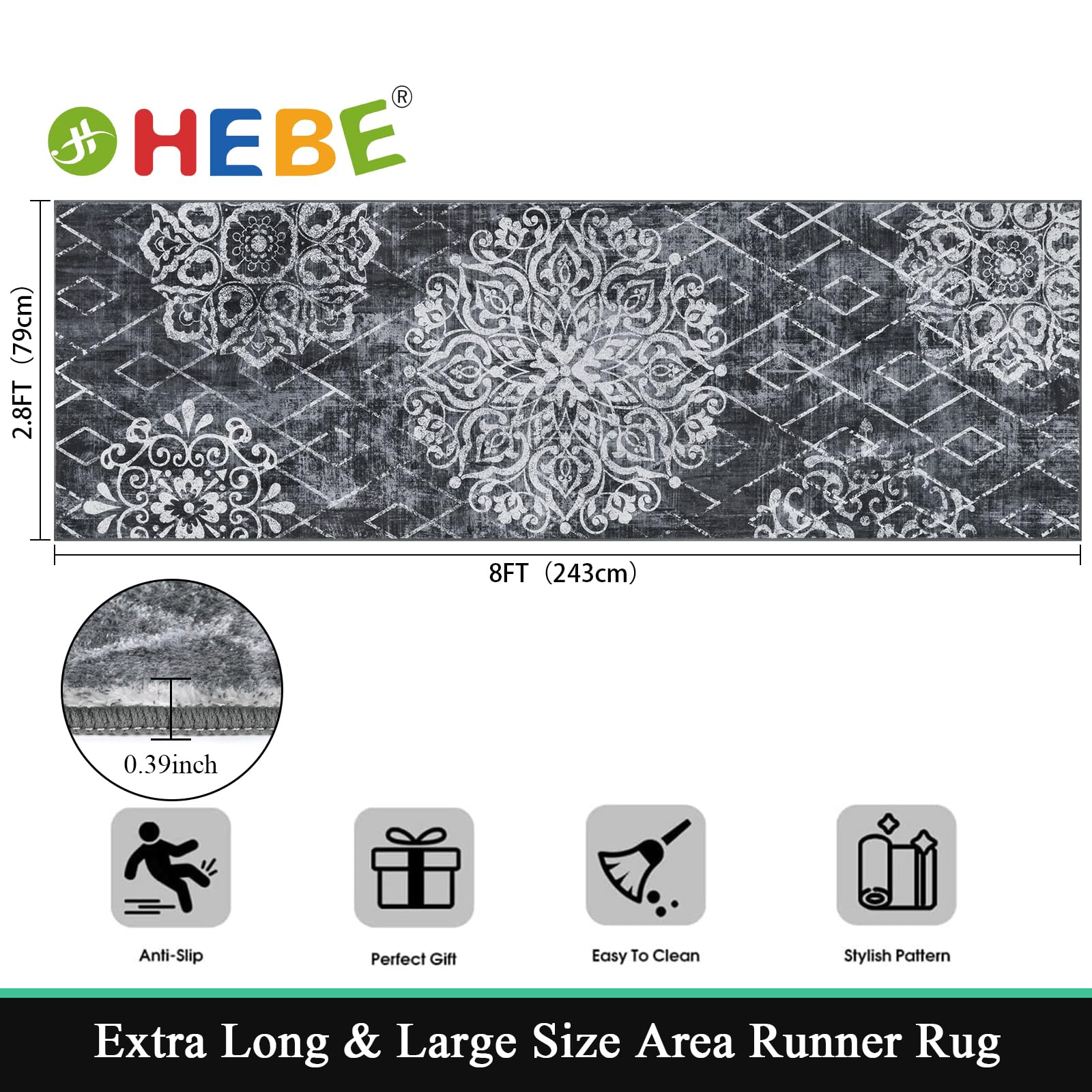 HEBE Hallway Runner Rug 2'8''x8', Washable Non Slip Kitchen Rug Runner