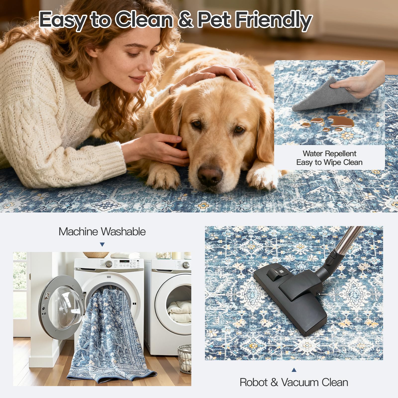 8x10 Area Rugs for Living Room Blue Washable Non-Slip Large Carpet