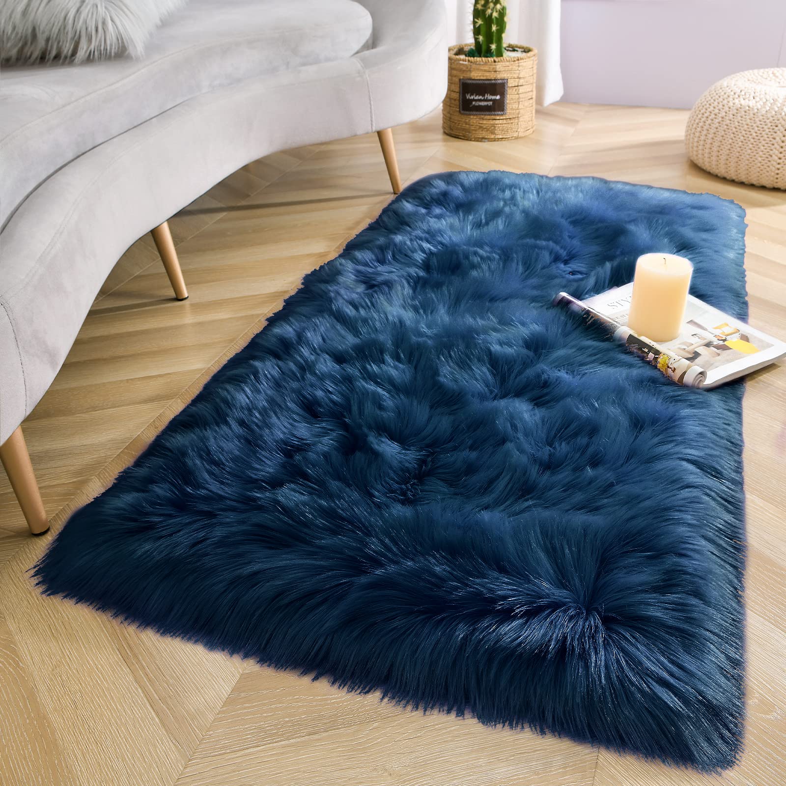 LOCHAS Soft Fluffy Faux Fur Rugs for Bedroom Bedside Rug 2x4 Ft, Light Navy