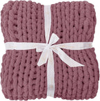 Bigacogo Chunky Knit Throw Blanket for Couch, 40x40 inches, 100% Hand Knitted with Thick Jumbo Chenille Yarn, Cozy Soft Large Rope Knot Cable Crochet Blankets for Sofa Bed Living Room, Burnt Rose