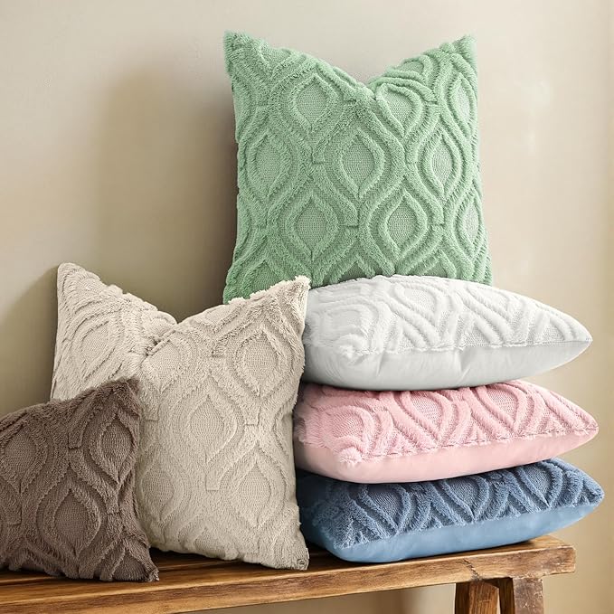 decorUhome Throw Pillow Covers 12x20 Inch Set of 2, Soft Plush Faux Wool Sage Green Solid Couch Pillow Covers, Accent Farmhouse Neutral Rectangle Pillow Cases for Sofa Bed Living Room