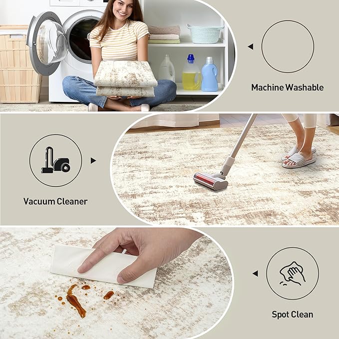 9x12 Area Rugs for Living Room: Washable Abstract Beige Grey Badroom Carpet