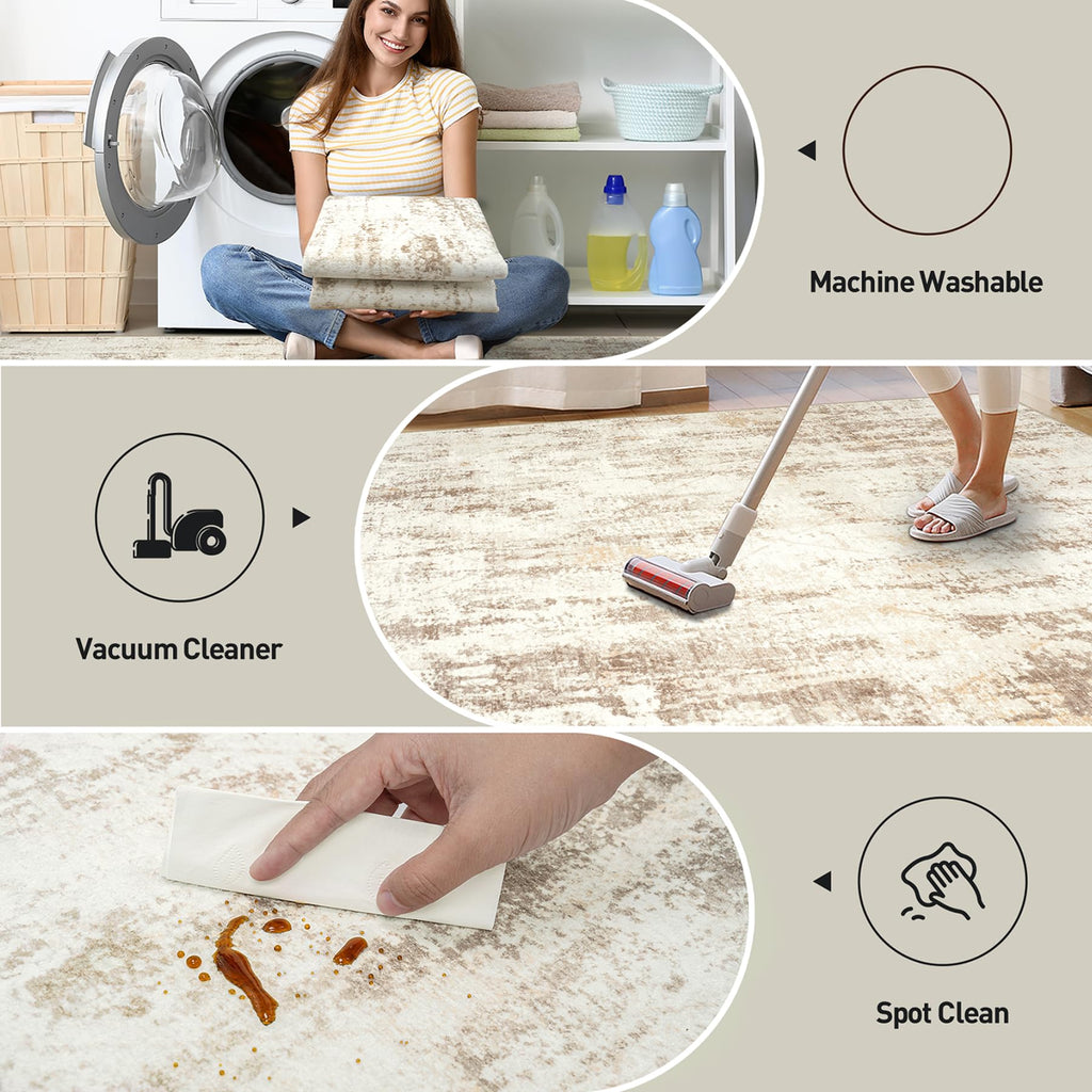 5x7 Area Rugs for Living Room: Washable Abstract Beige Grey Badroom Carpet