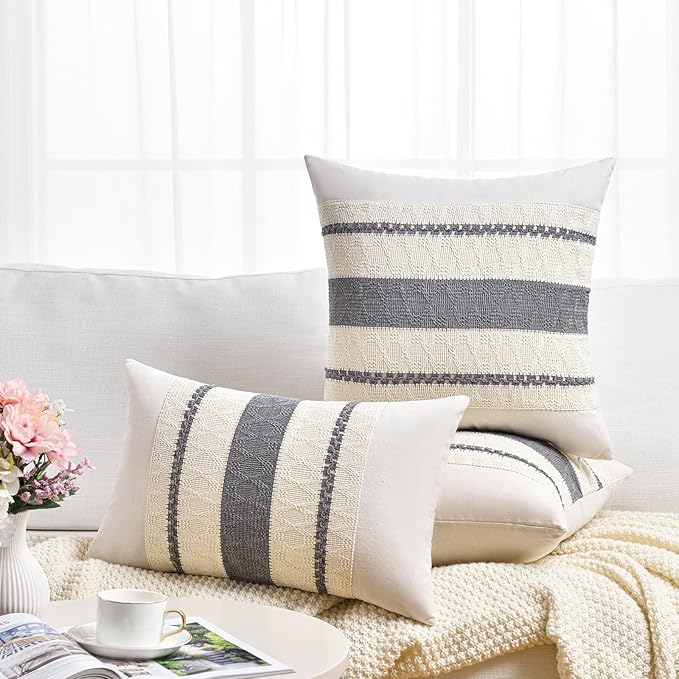 Fancy Homi Set of 1 Neutral Grey Farmhouse Long Lumbar Decorative Throw Pillow Covers 16x24 Inch for Couch Bed Chair, Vintage Country Rustic Retro Room Decor, Soft Thick Cotton Rectangle Cushion Case