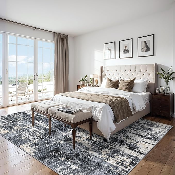PLHXFR Area Rug Living Room: 4x6 Abstract Washable Carpet Black Gold