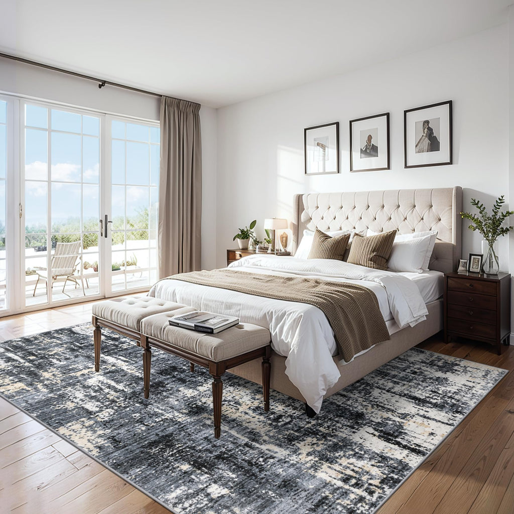 PLHXFR 10x14 Area Rug Living Room: Abstract Washable Carpet Black Gold