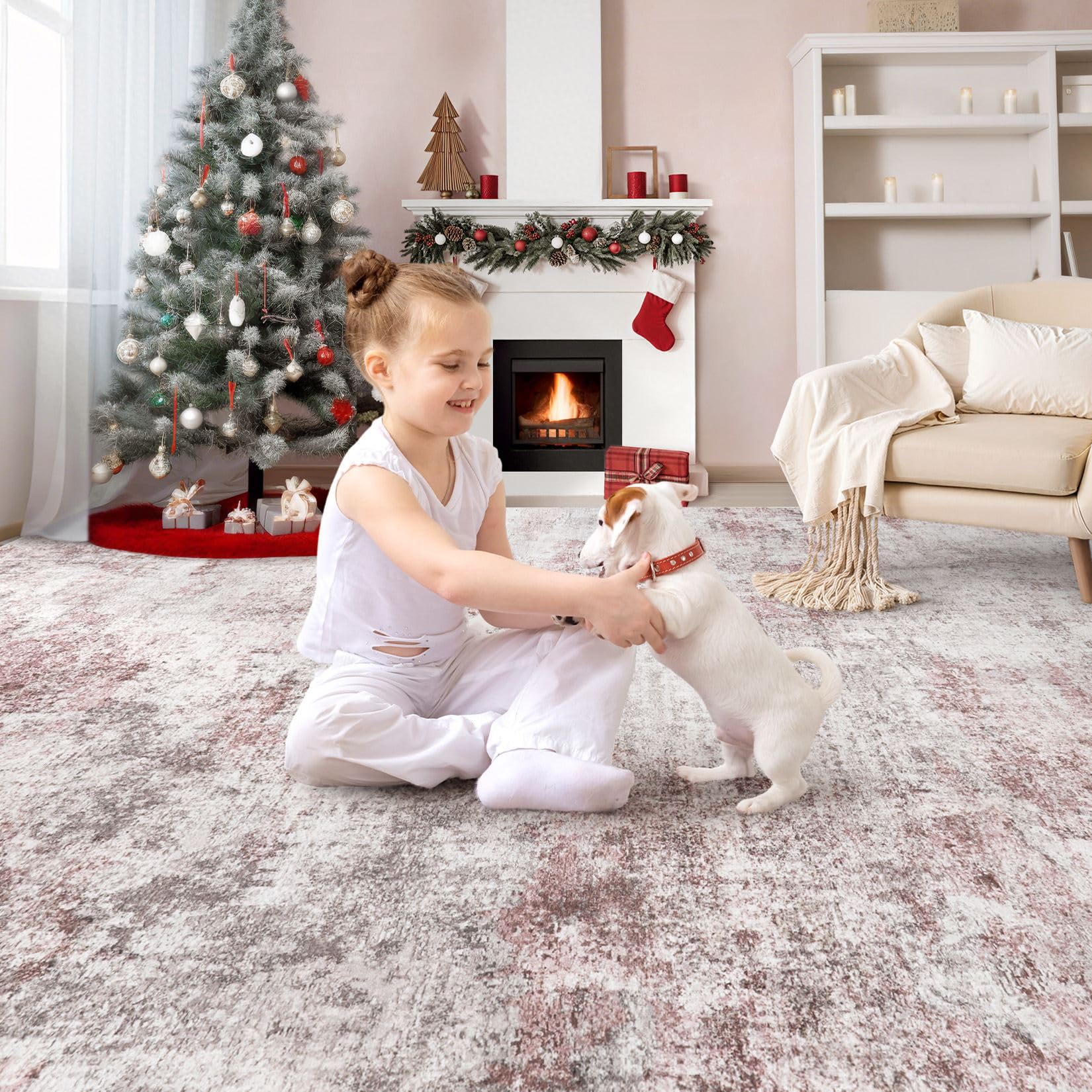 UERMEI 8x10 Washable Area Rug - Neutral Modern Abstract Living Room Rugs, Non-Slip Soft Large Indoor Floor Carpet for Bedroom Home Office & Under Dining Table Decor, Pink Grey