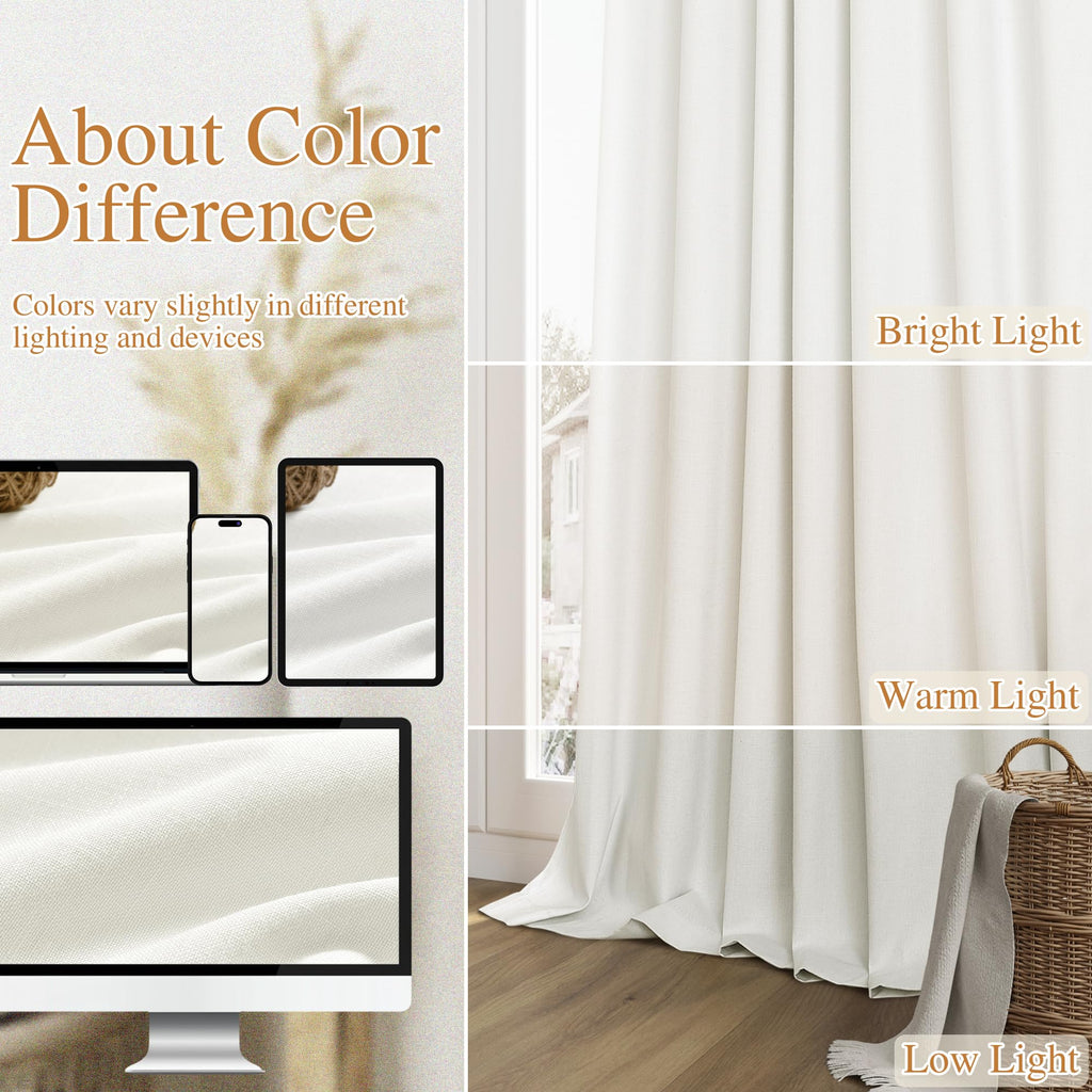 Guken 100% Blackout Linen Curtains 98 Inch Long by 52 Inch Wide 2 Panels Set for Living Room Bedroom Back Tab Thermal Insulated Black Out Linen Drapes Room Darkening Window Curtains, Ivory