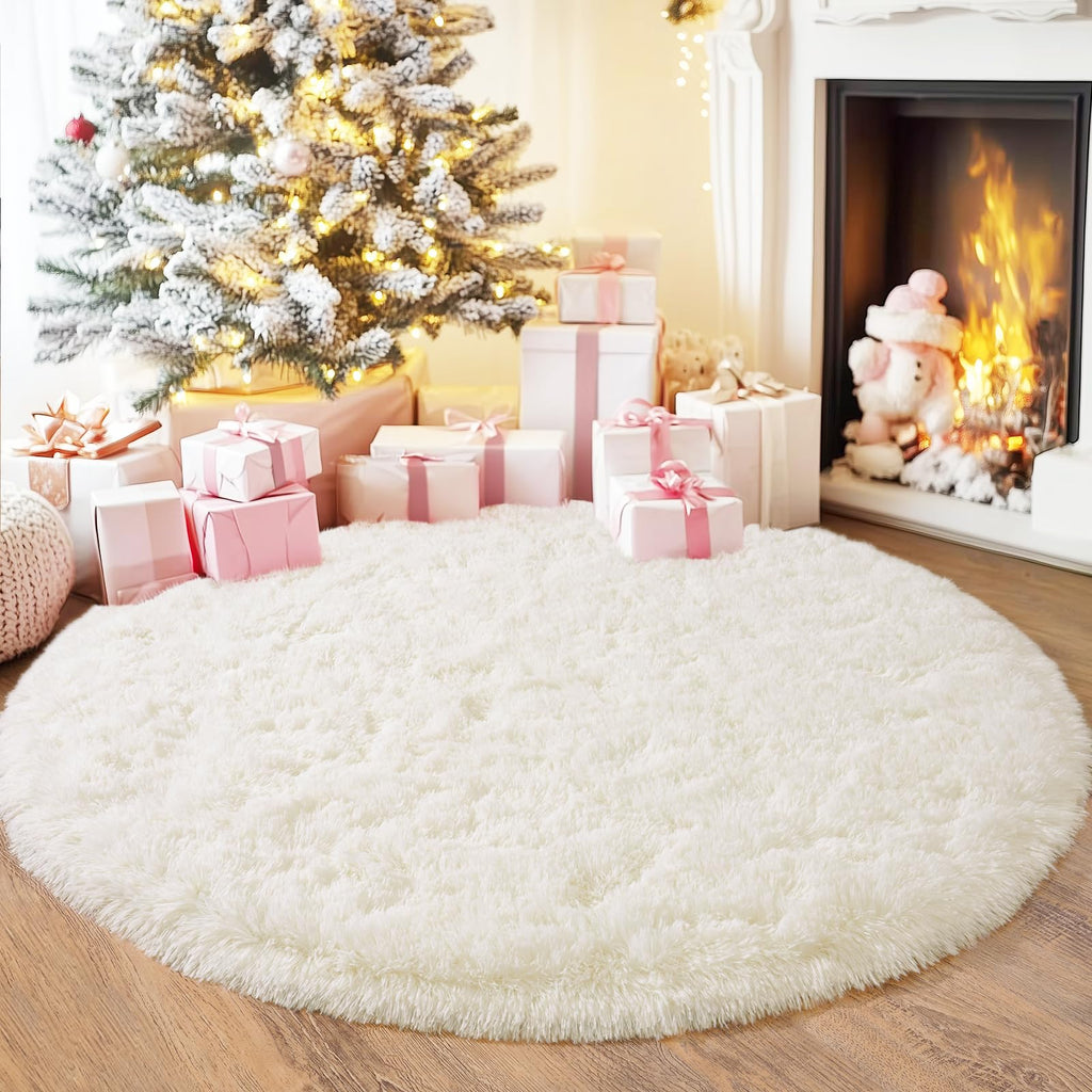 Quntue 5'x5' Cream Round Rugs for Girls Bedroom, Ultra Soft Fluffy Circle Rug for Kids Room, Cute Shag Rugs for Living Room Playroom Tent Castle Home Decor Rug