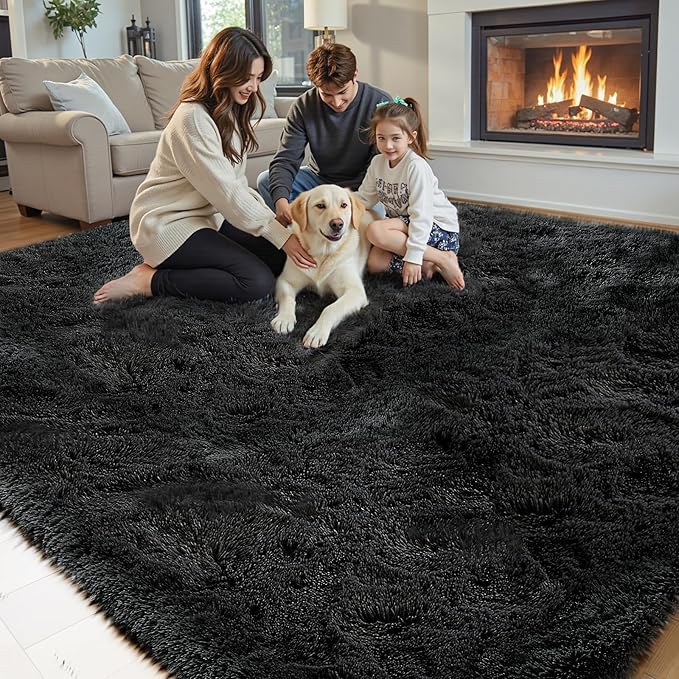 Area Rugs 9x12 Living Room, Large Area Rug Shag Shaggy Carpet Soft Plush Furry Bedside Rug, Machine Washable Area Rugs for Bedroom Kids Girls Boys Home Decor Anti Slip(9 x 12, Black)