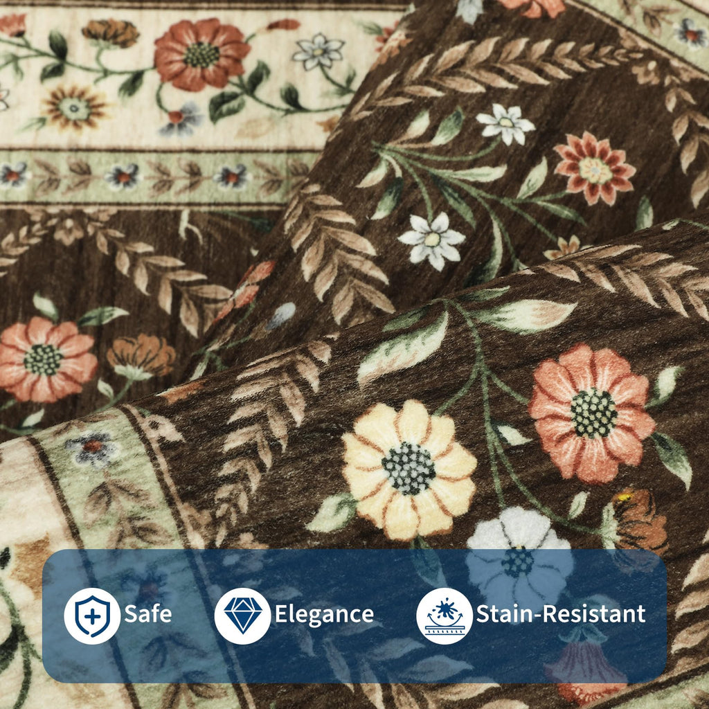 GarveeHome 6x9 Machine Washable Area Rugs for Living Room Floral Stain Resistant Soft Carpet Vintage Low Pile Non Slip Non-Shedding Floor Carpet Rugs for Bedroom Nursery Brown
