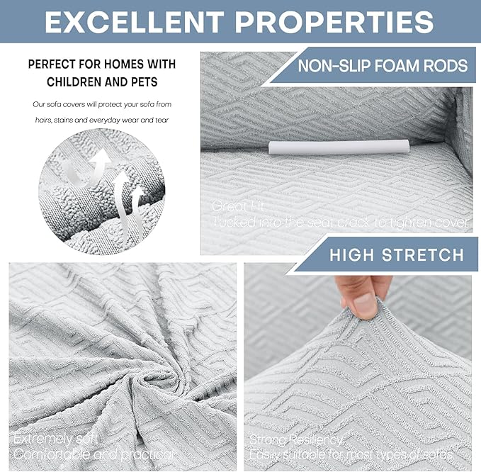 ZNSAYOTX 1 Piece Jacquard Couch Covers for 3 Cushion Couch Living Room High Stretch Sofa Cover Pets Dogs Friendly Anti Slip Thickened Slipcovers Furniture Protector (Large, New Pattern Silver Grey)
