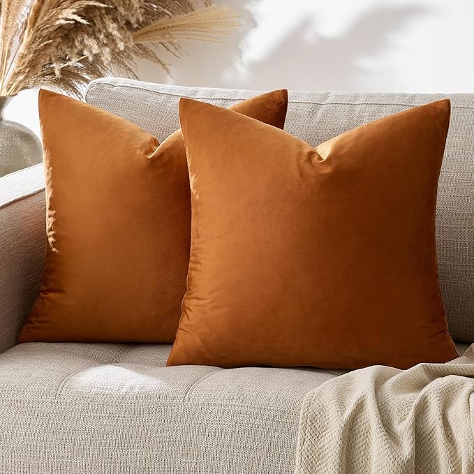 GIGIZAZA 18x18 Pillow Covers Set of 2 Velvet Throw Pillows Decorative Dark Burnt Orange Covers for Couch Sofa Bedroom Pillowscase
