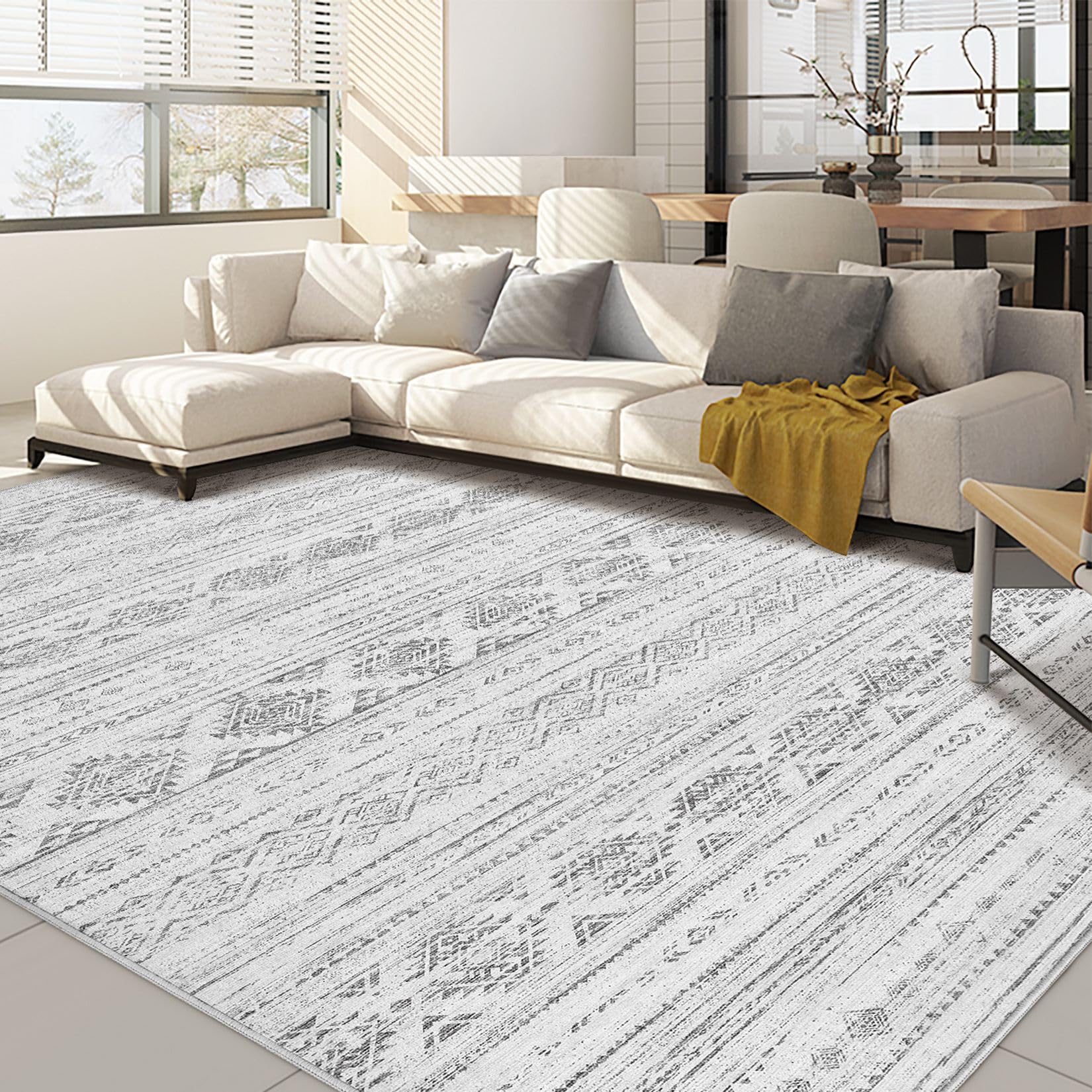 Nakagishi 7x9 Area Rug Living Room: Washable Boho Large Neutral Soft Farmhouse Modern Rugs Stain Resistant Moroccan Non-Slip Indoor Carpet for Bedroom Nursery Kids Office Dining Room- Dark Grey