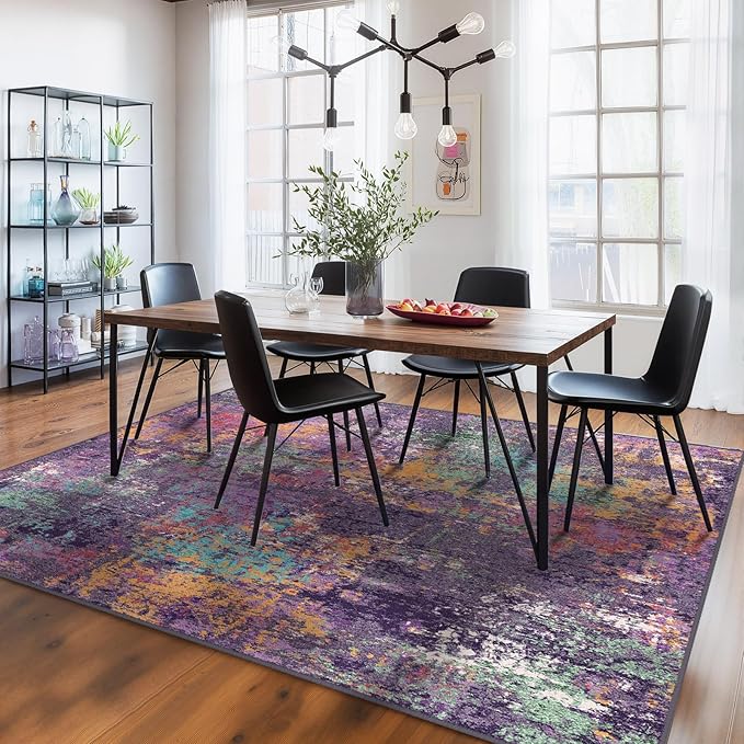 RELEANY Washable 5'x7' Abstract Area Rug for Living Room Purple Multi