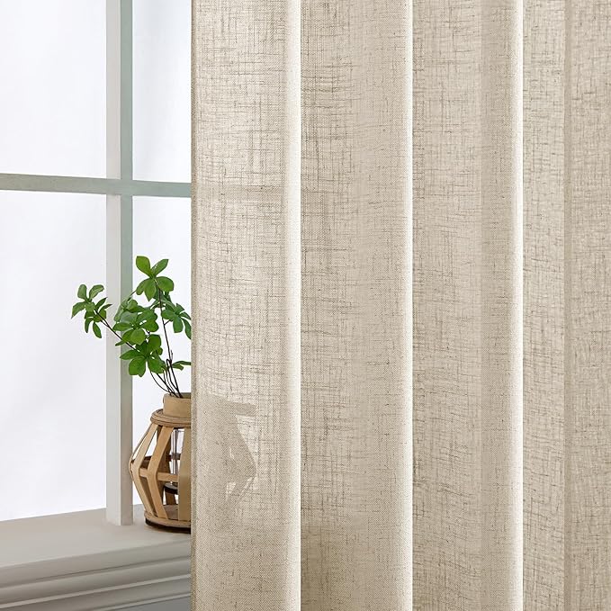 MIULEE Beige Linen Curtains 90 Inch Long 2 Panels for Bedroom Living Room, Soft Linen Textured Window Drapes Semi Sheer Light Filtering Back Tab Rod Pocket Farmhouse Modern Burlap Look Decor