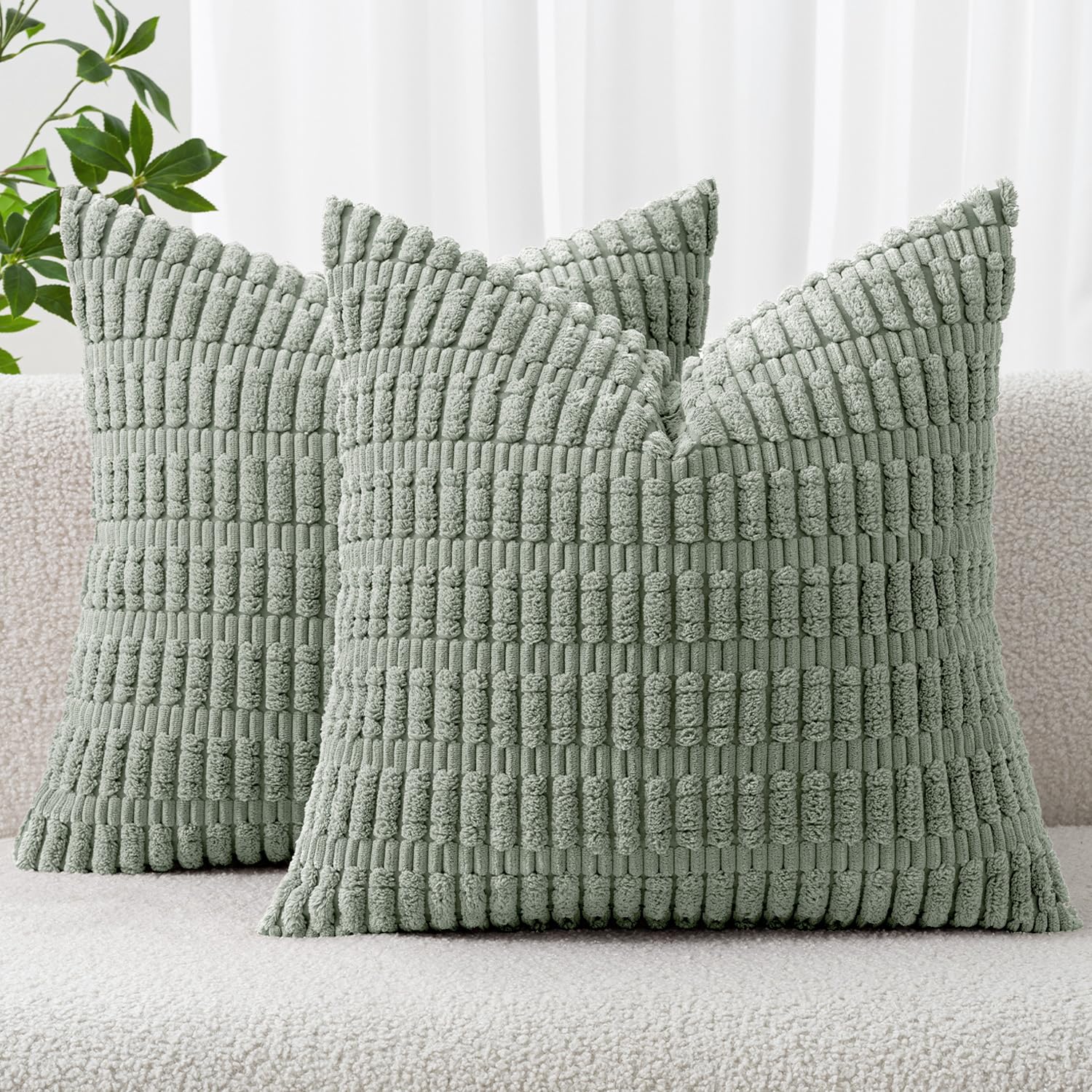 MIULEE Corduroy Decorative Throw Pillow Covers 12x12 Grey Green Pack of 2