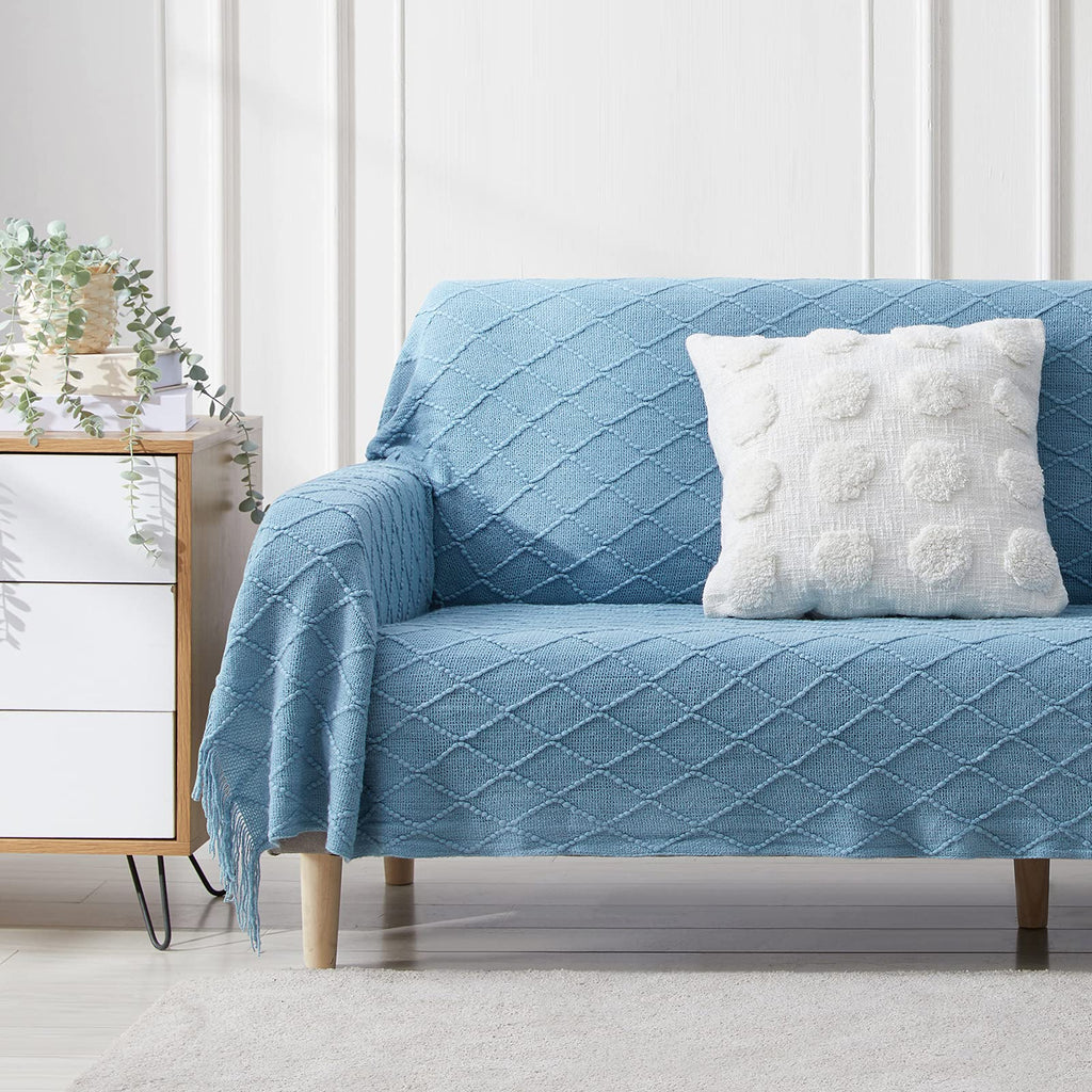 BOURINA Blue Throw Blanket 50x90 Inch Boho Knitted Soft Throw Sofa Blanket