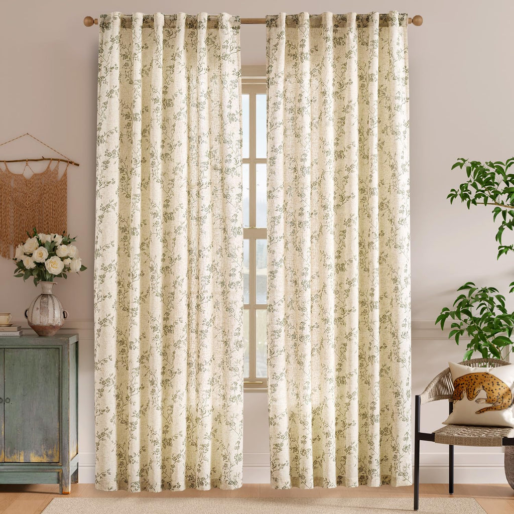 Lazzzy Green Vintage Floral Linen Curtains Farmhouse 50W X 90L 2 Panels