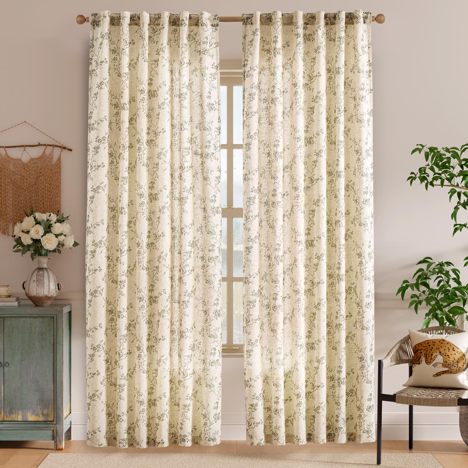 Lazzzy Green Vintage Floral Linen Curtains Farmhouse 50W X 90L 2 Panels