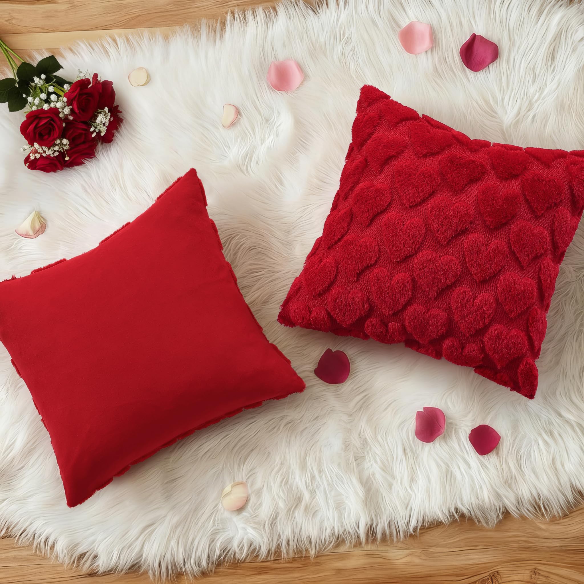 decorUhome Red Heart Cute Girl Faux Fur Throw Pillow Covers 18x18 Set of 2