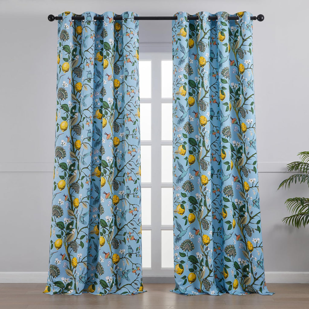 Topfinel Blue Patterned Curtains 2 Pages 96 Inches Long Blackout Heat Block Farmhouse Watercolor Floral Flower Hummingbird Printed Drapes Grommet Window Treatment for Living Room,96 Inch Length