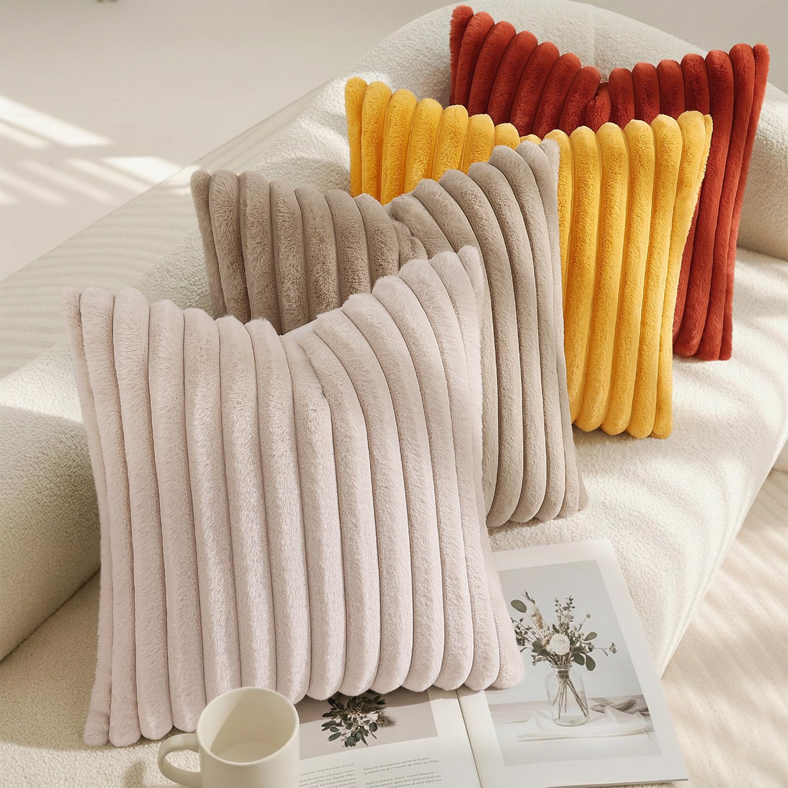 decorUhome Fall Faux Fur Throw Pillow Covers 22x22 Set of 2 Beige