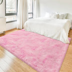 JiaoBaba Tie-Dye Pink Fluffy Rug for Bedroom 4x6ft Soft Shag Area Rug Mat Bedside Throw Rug for Living Room Kids Room Boys Teens Nursery Baby Dorm Office Home Decor Aesthetic Carpets