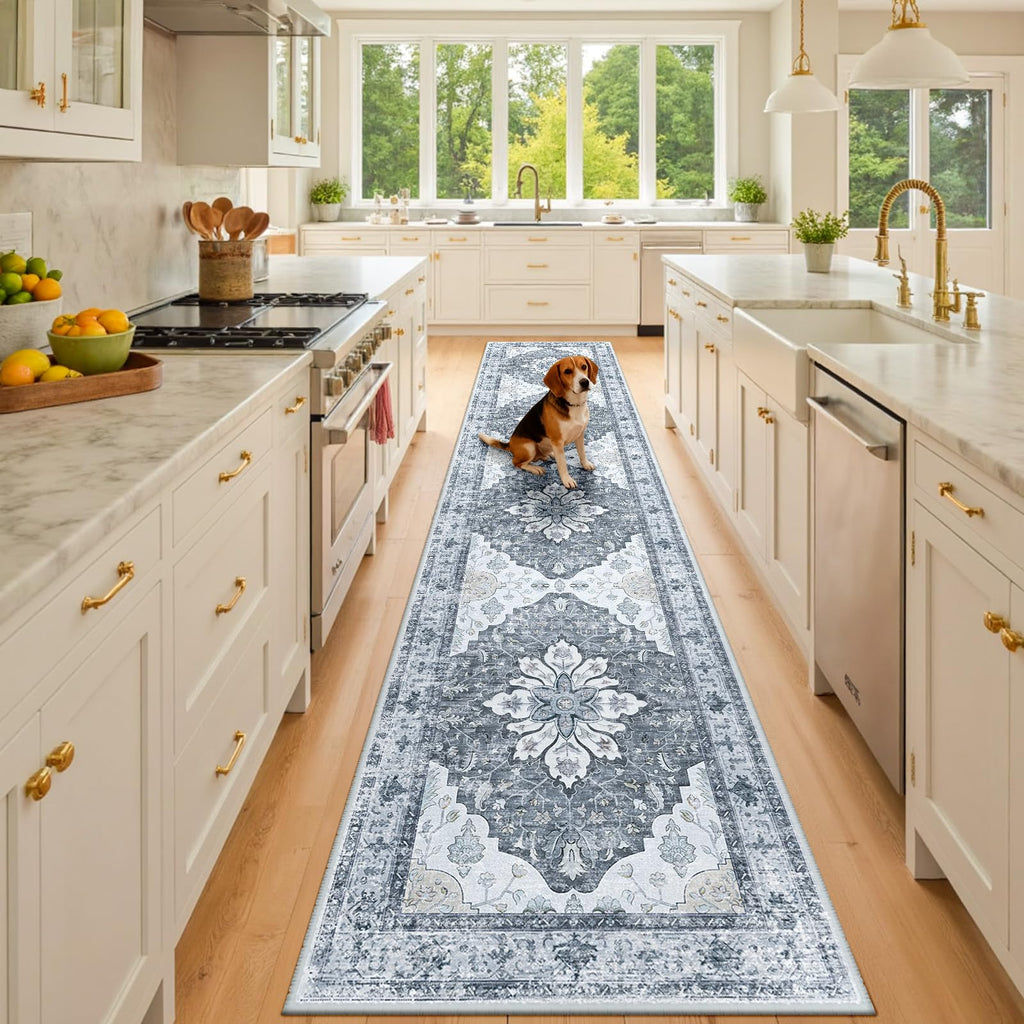RELEANY Washable Area Rug, Runner 2'x10', Grey/White/Beige