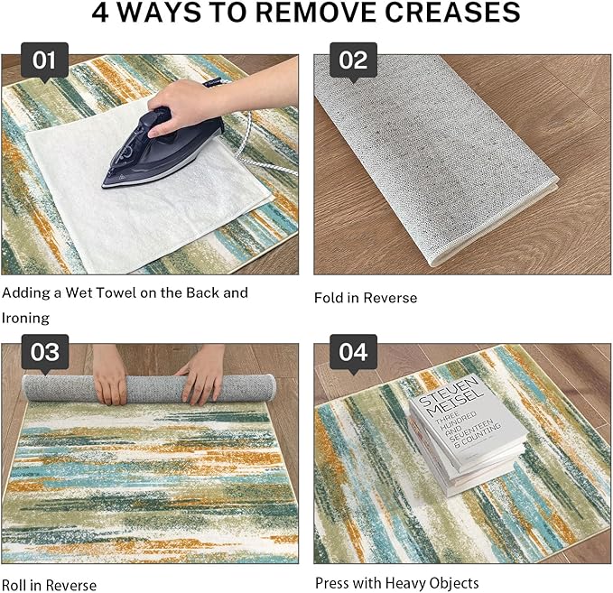 Lansny Modern Abstract Runner Rug 2.6x14, Green Mustard Multi Washable Long Kitchen Runner Non-Slip Soft Hallway Rug Runner Thin Print Faux Wool Carpet for Entryway Bedroom Laundry Room Indoor