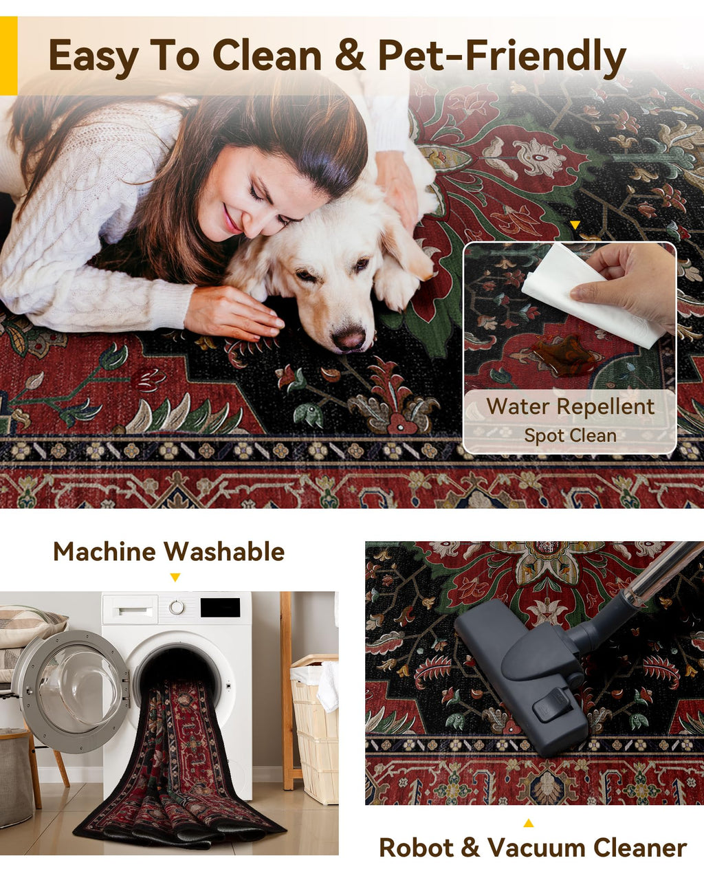 RELEANY Washable Area Rug, Large 9'x12', Red/Black