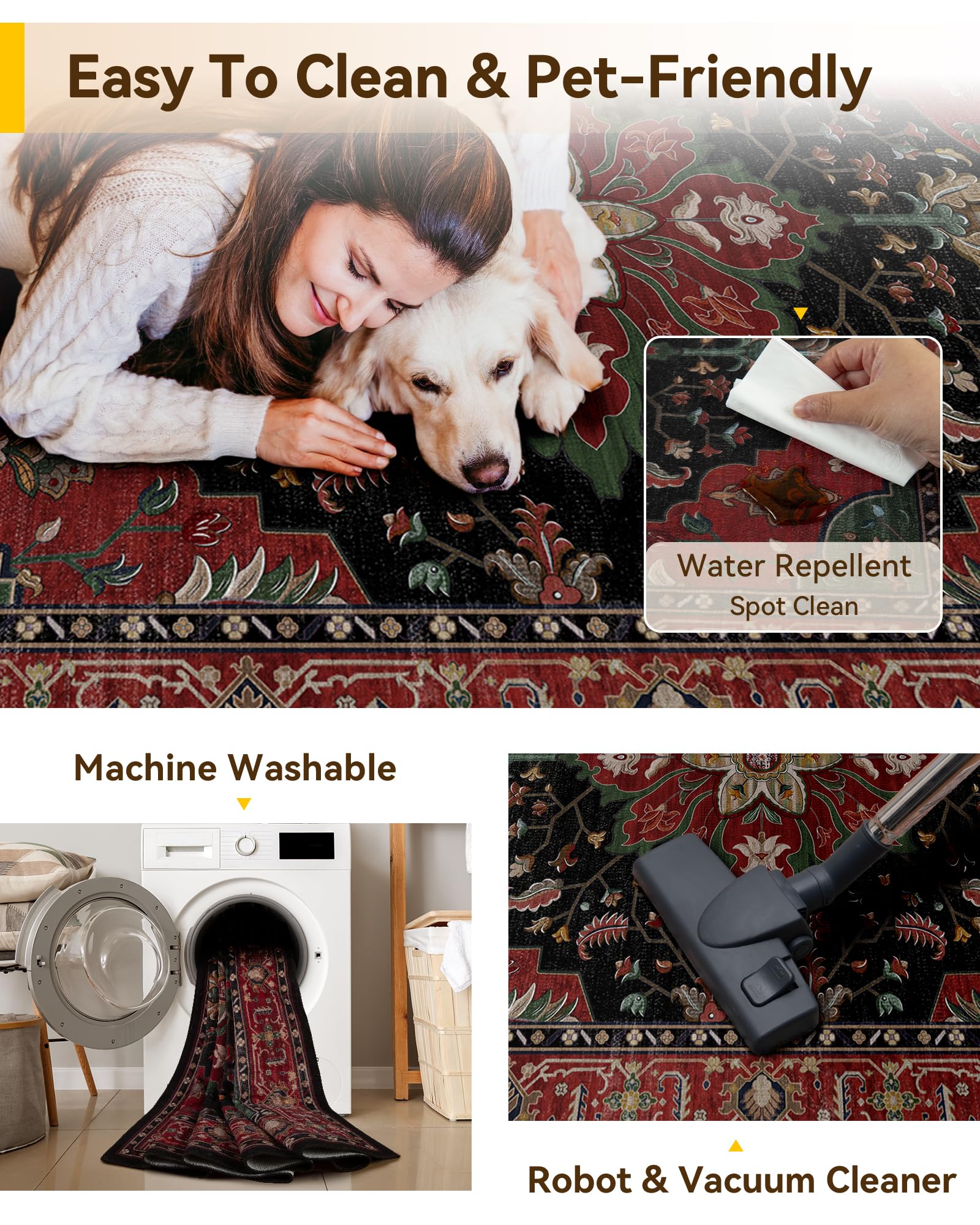 RELEANY Washable Area Rug, Large 9'x12', Red/Black