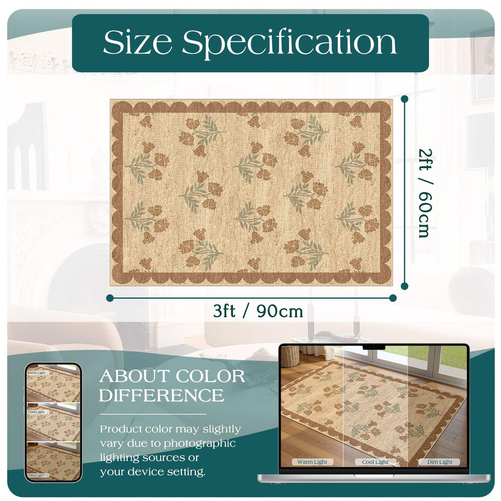 Othilic Front Door Mat Outside Entrance - 2x3 Floral Non-Slip Washable Doormat Indoor Outdoor Mat Jute-Look Farmhouse Tan Scalloped Entry Rug Small Throw Rugs for Entryway Kitchen Front Porch Decor