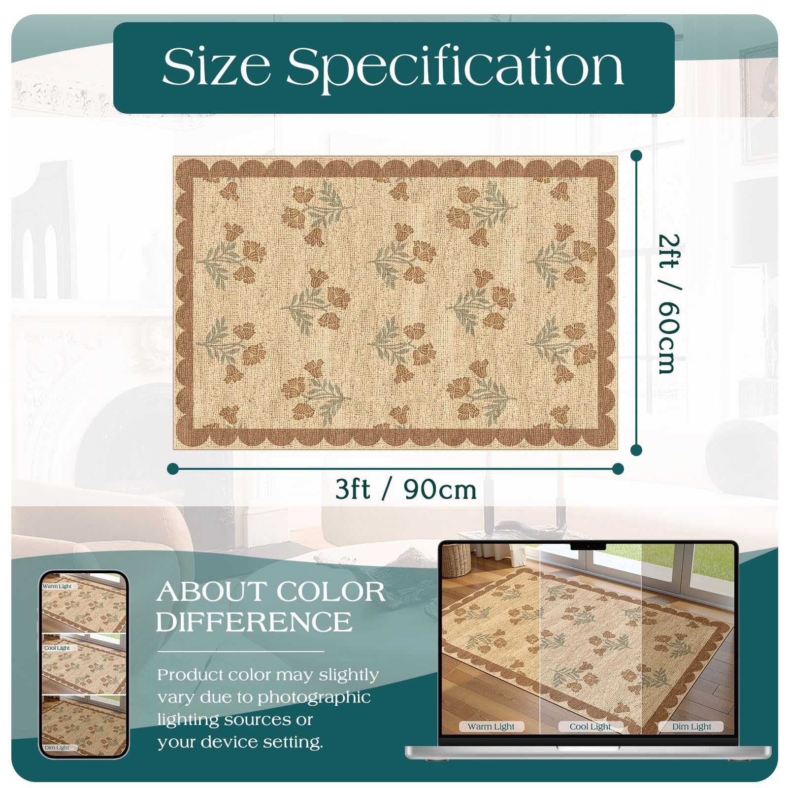 Othilic Front Door Mat Outside Entrance - 2x3 Floral Non-Slip Washable Doormat Indoor Outdoor Mat Jute-Look Farmhouse Tan Scalloped Entry Rug Small Throw Rugs for Entryway Kitchen Front Porch Decor